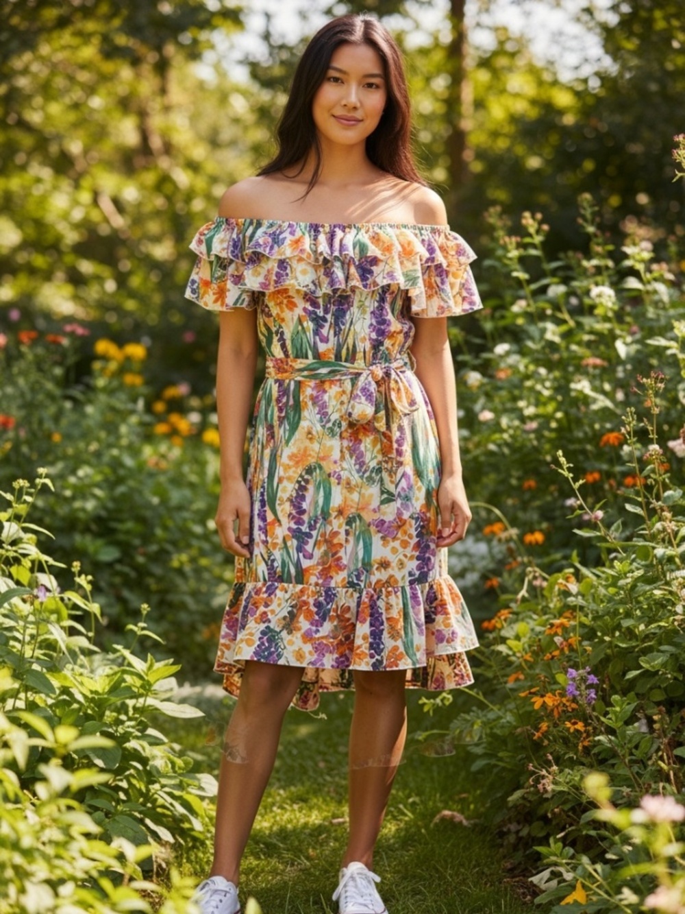 A loud Floral off the shoulder mini dress